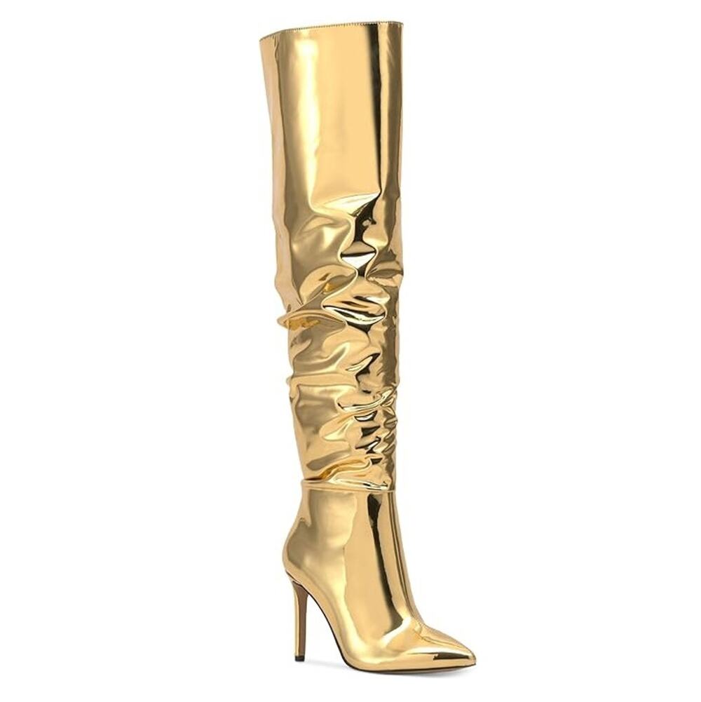 I.N.C. Int Concepts Women Vegan Gold Patent Over-The-Knee Slouch Boots Size 5.5M